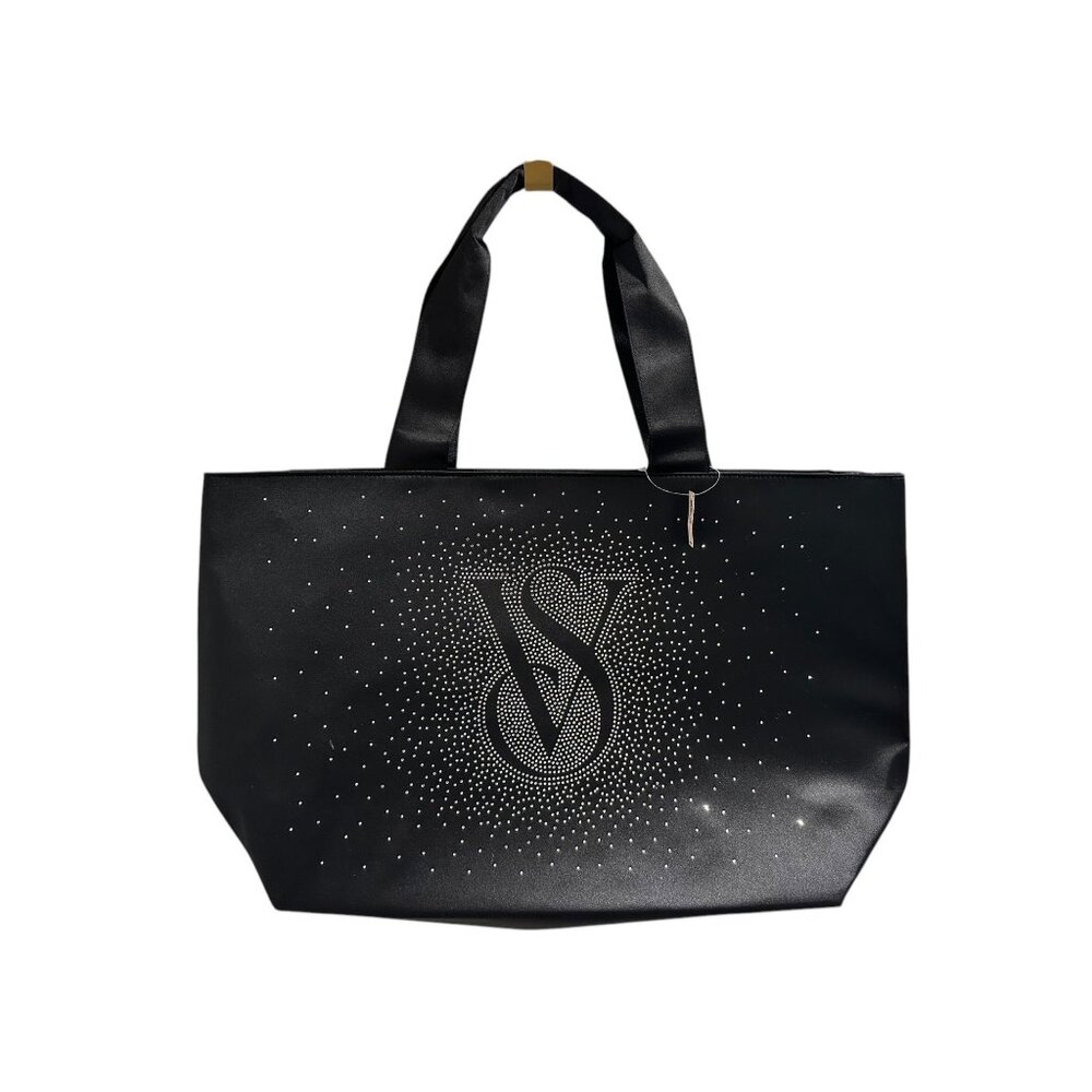 New Victorias Secret Black Rhinestone Logo Tote Bag